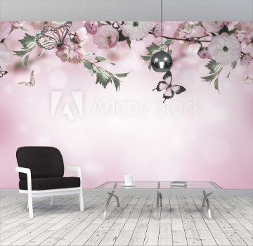 Picture of Flowers background with amazing spring sakura with butterflies Flowers of cherries